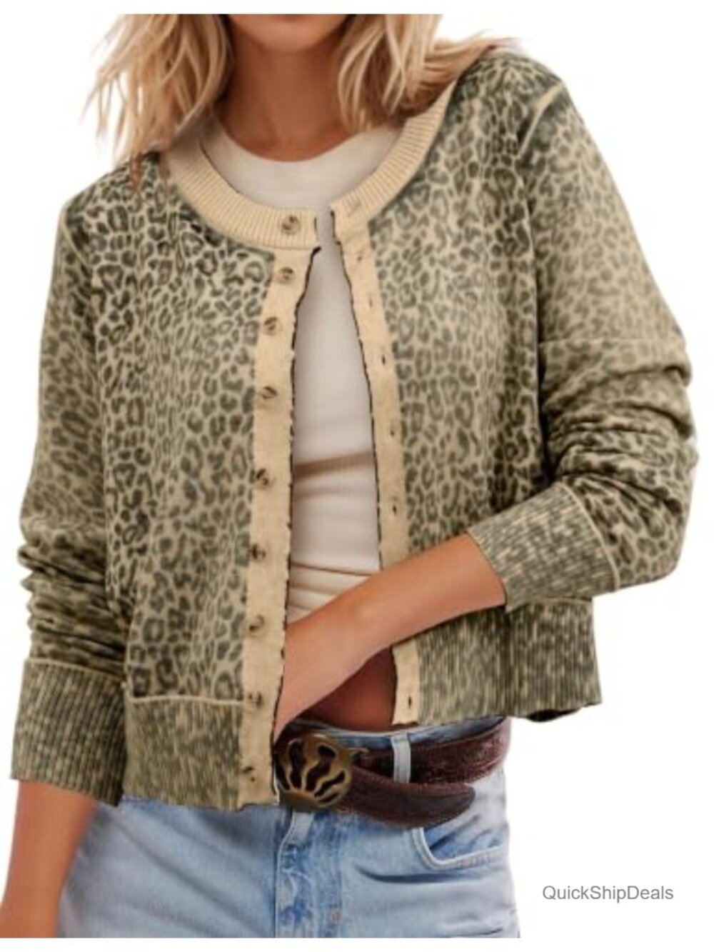 Womens Leopard Cardigan Cropped Button Up Long Sleeve Sweater